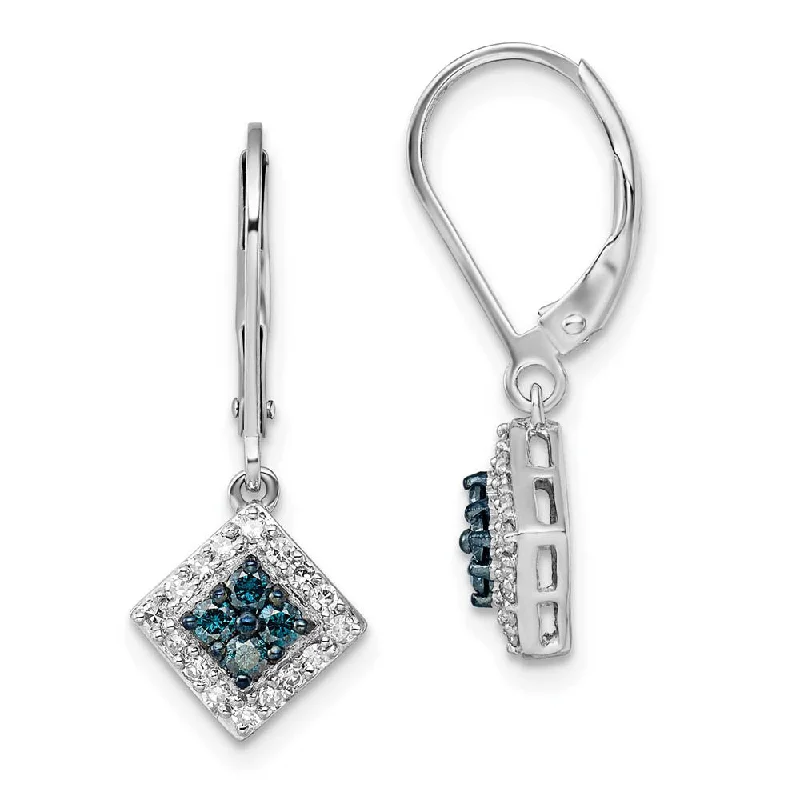 Blue & White Diamond Small Square Sterling Silver Lever Back Earrings