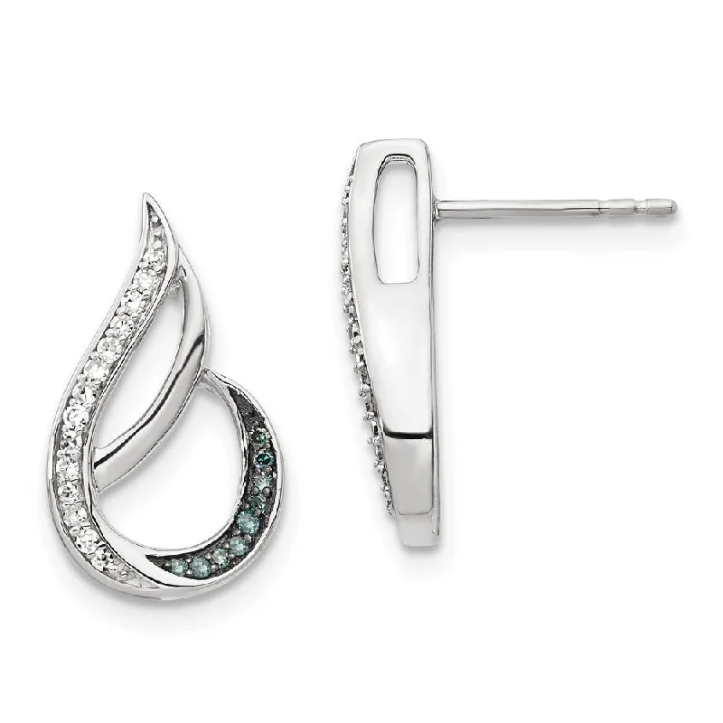 Blue & White Diamond Tear Rhodium Plated Sterling Silver Post Earrings