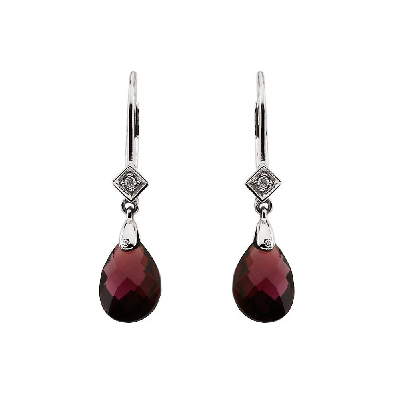 Brazilian Garnet Briolette & Diamond 14k White Gold Leverback Earrings