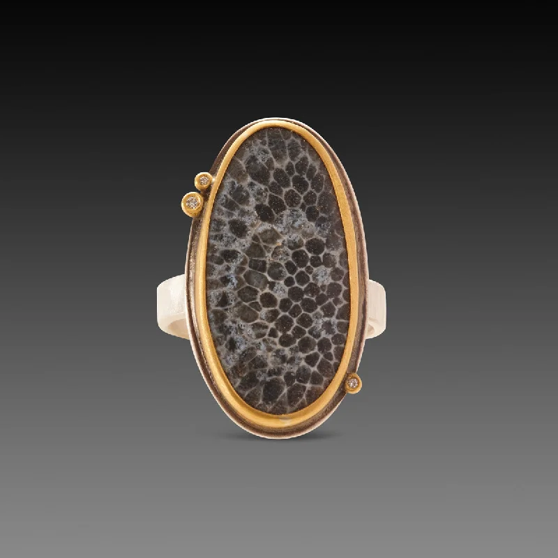 He found affordable gemstone rings for everyday wear online-Bryozoan Fossil Ring with Three Diamonds