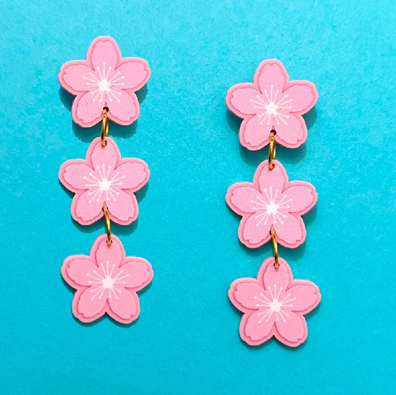 Drop earrings with crystal-clear stones and sleek metal designs for modern elegance -Cherry Blossom Tiered Drop Earrings