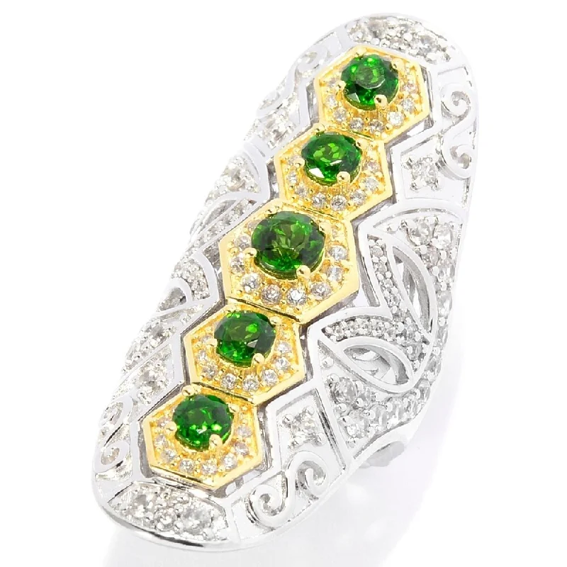 They ordered custom gemstone rings designed for special occasions-Chrome Diopside & White Zircon Cut-out Scrollwork Elongated Ring