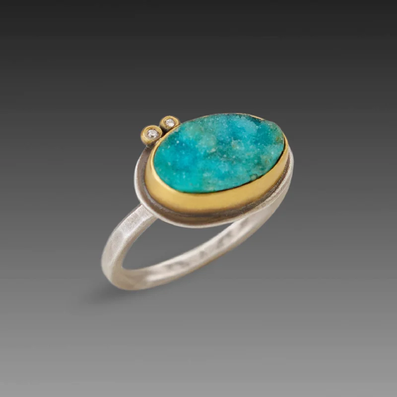 The vintage gemstone rings with rare emeralds gleamed brightly-Chrysocolla Druzy Ring with Two Diamonds