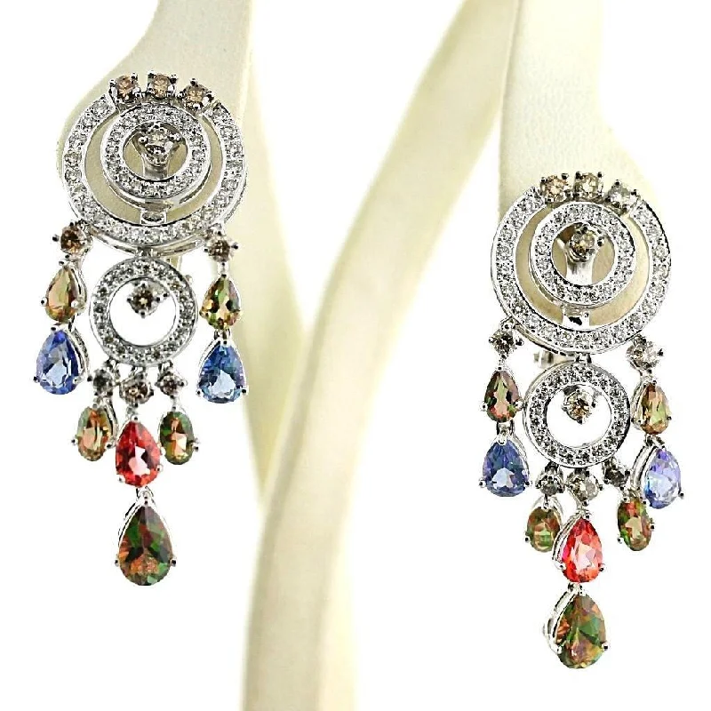 Colored Diamonds Dangle Chandelier Earrings 18K White Gold