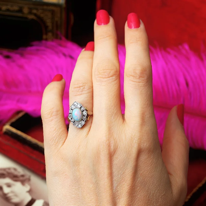 The vintage gemstone rings with rare emeralds gleamed brightly-Lovesome Rainbow Opal & Diamond Cluster Ring