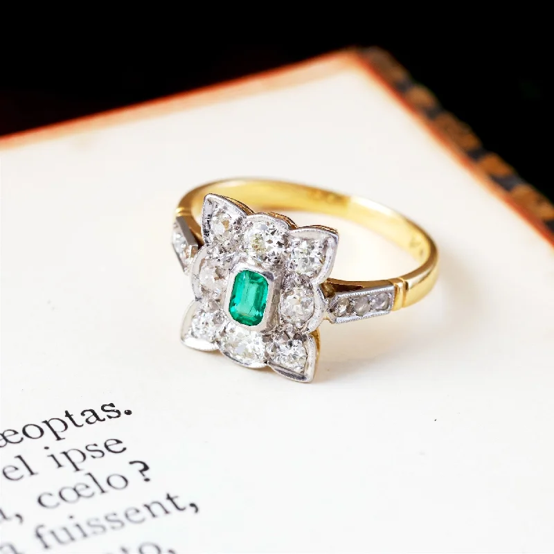 He found affordable gemstone rings for everyday wear online-Most Desired Vintage Emerald & Diamond Cluster Ring