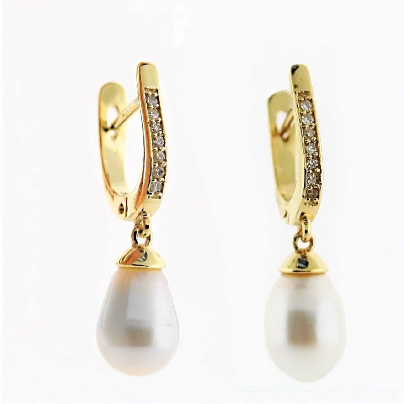 Cultured Pearl and Diamond Drop Earrings 14K Yellow Gold