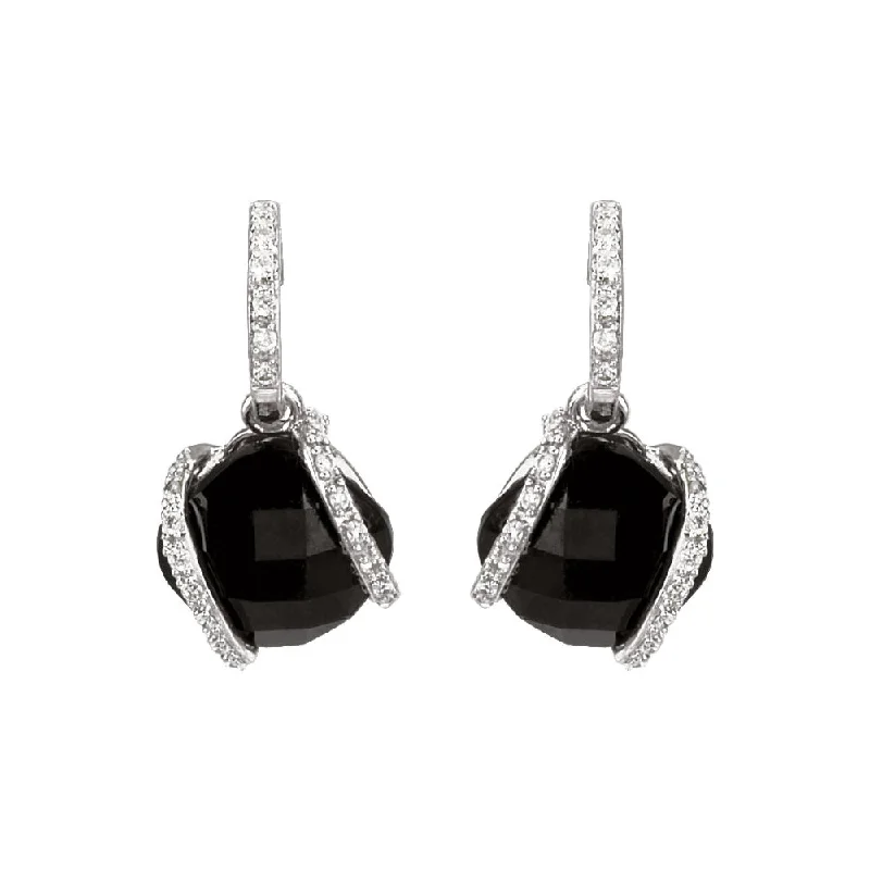 Cushion Lozenge Onyx & Diamond Dangle Earrings in 14k White Gold