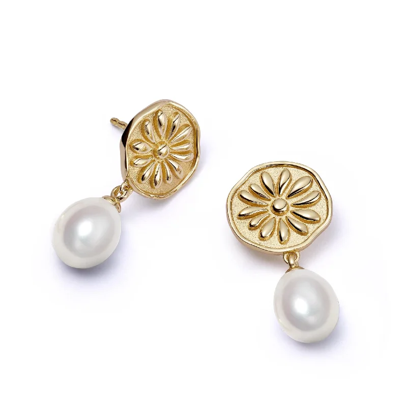 Elegant drop earrings with diamond-inspired stones for a luxurious and radiant finish -Daisy Pearl Drop Earrings 18ct Gold Plate