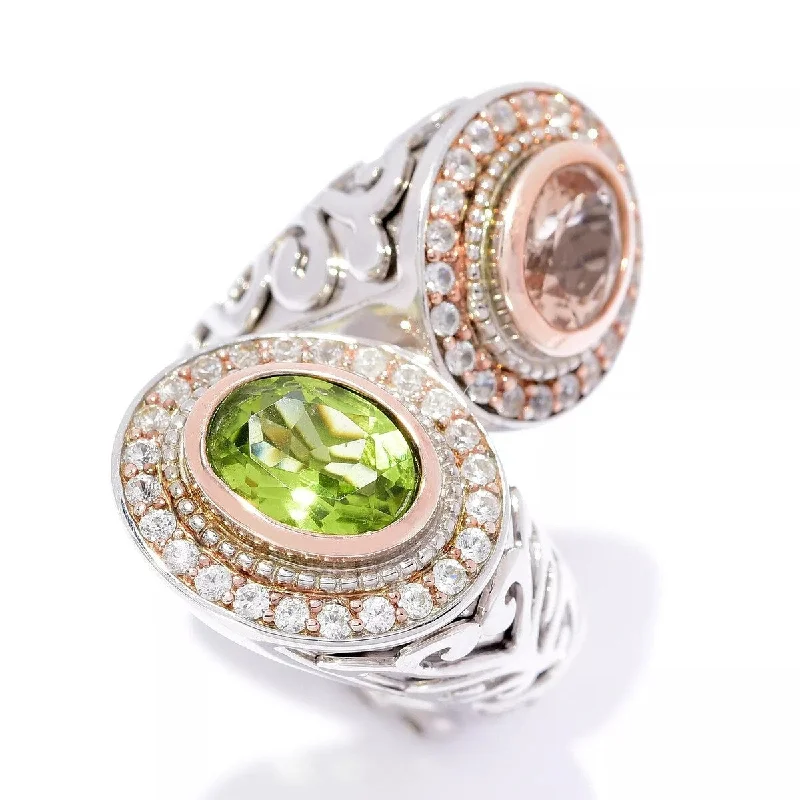 Luxury gemstone rings with diamond halos cost a fortune-Dallas Prince 3.96ctw Peridot, Morganite & White Zircon Bypass Ring