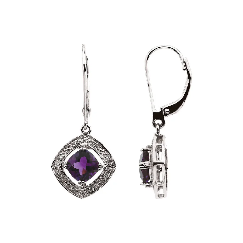 Diamond Accented Amethyst Lever Back Earrings in 14k White Gold