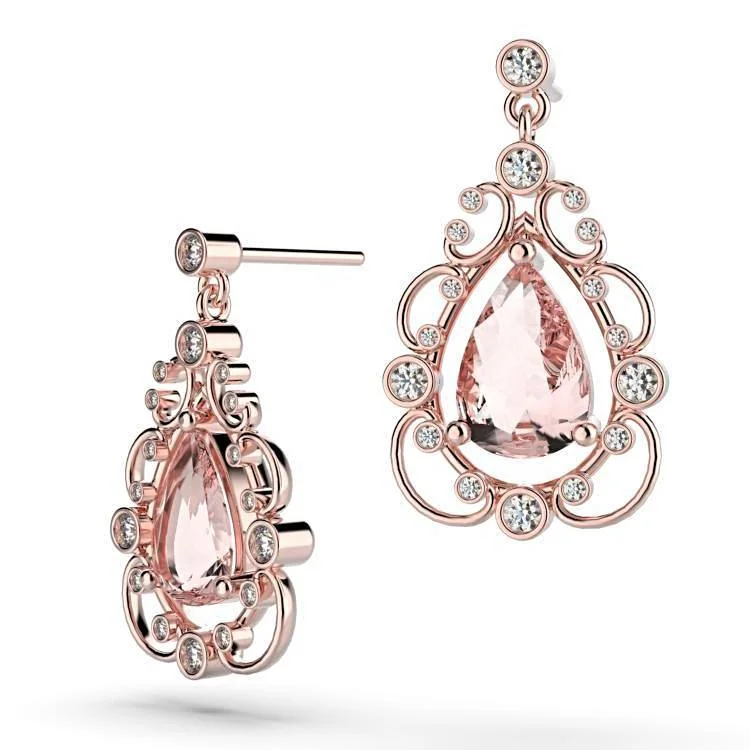 Diamond Morganite Drop Earrings 14K Rose Gold