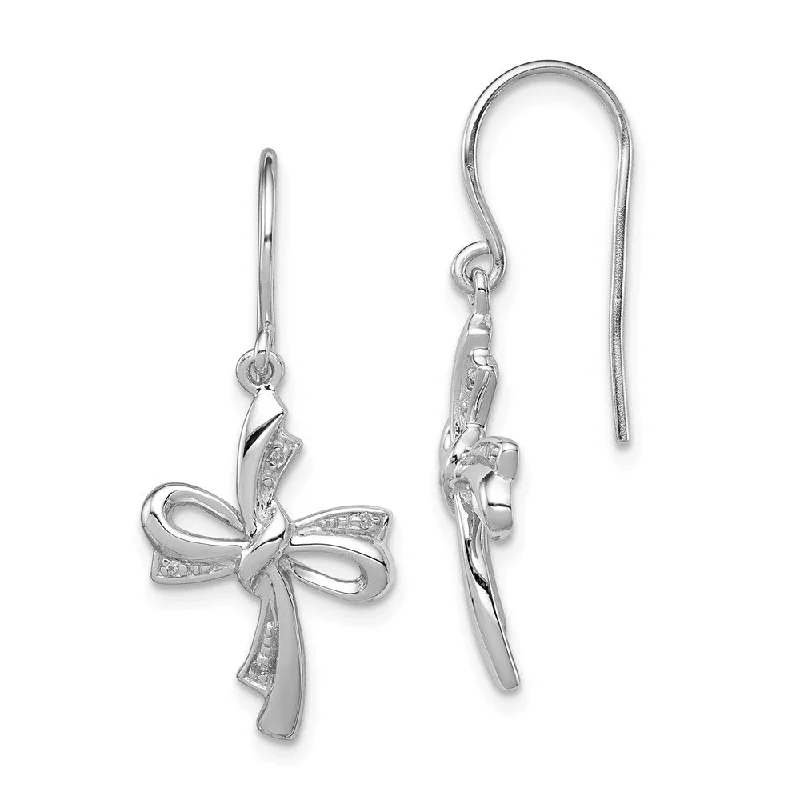 Diamond Ribbon Cross Dangle Earrings in Sterling Silver