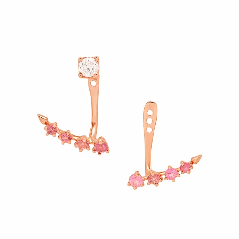 Double Stacked Diamond Studs and Pink Tourmaline Ear Jackets