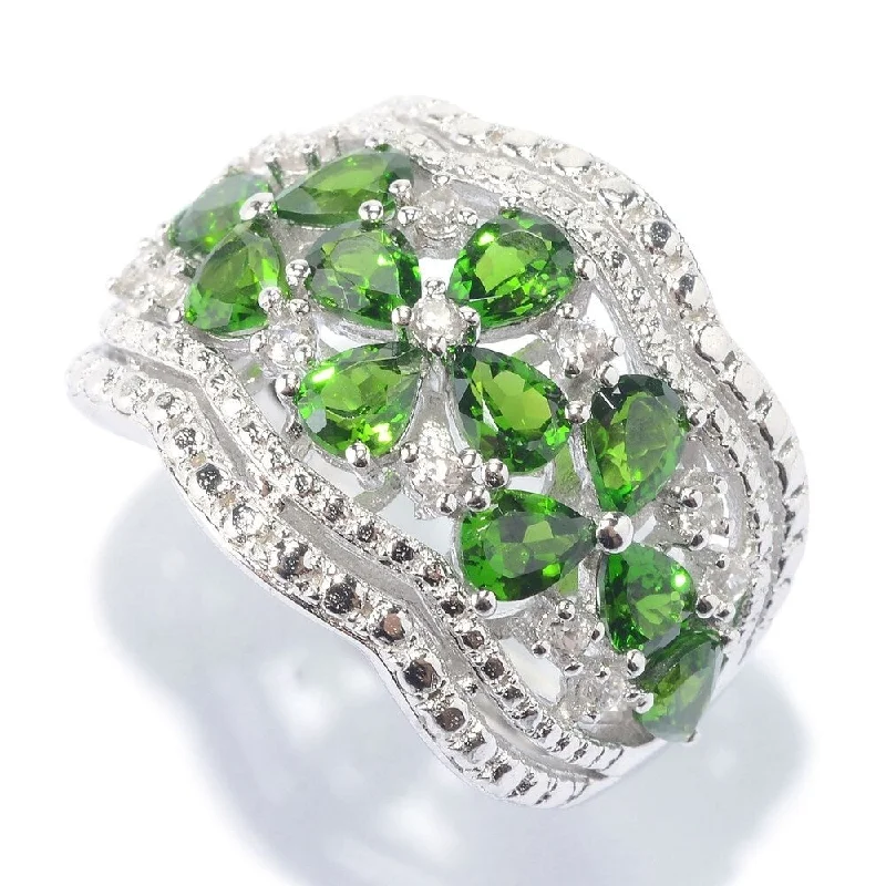 Trendy gemstone rings in modern minimalist styles are popular-Diopside & White Zircon Floral Scalloped Wide Band Ring