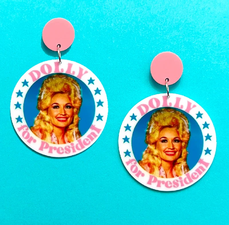 Handmade drop earrings with artisan touches for an exclusive and one-of-a-kind look -Dolly For President Acrylic Drop Earrings