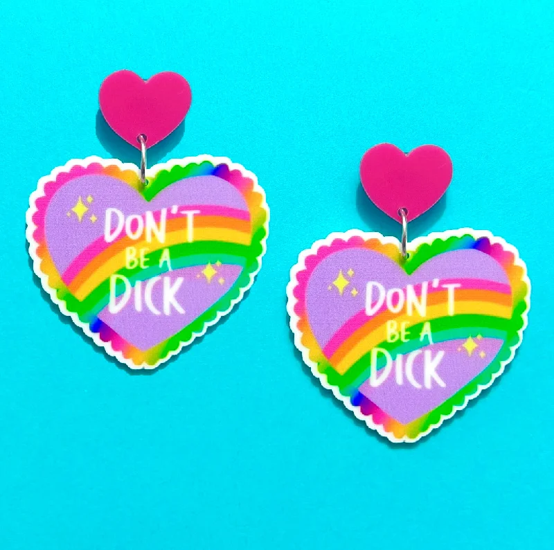 Drop earrings for evening events with intricate filigree details and vintage appeal -Don’t Be A Dick Heart Acrylic Drop Earrings