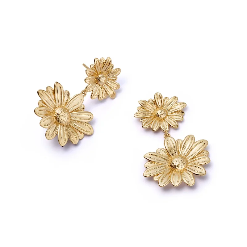 Drop earrings with natural stone designs for a unique, earthy vibe and style -Double Daisy Flower Earrings 18ct Gold Plate