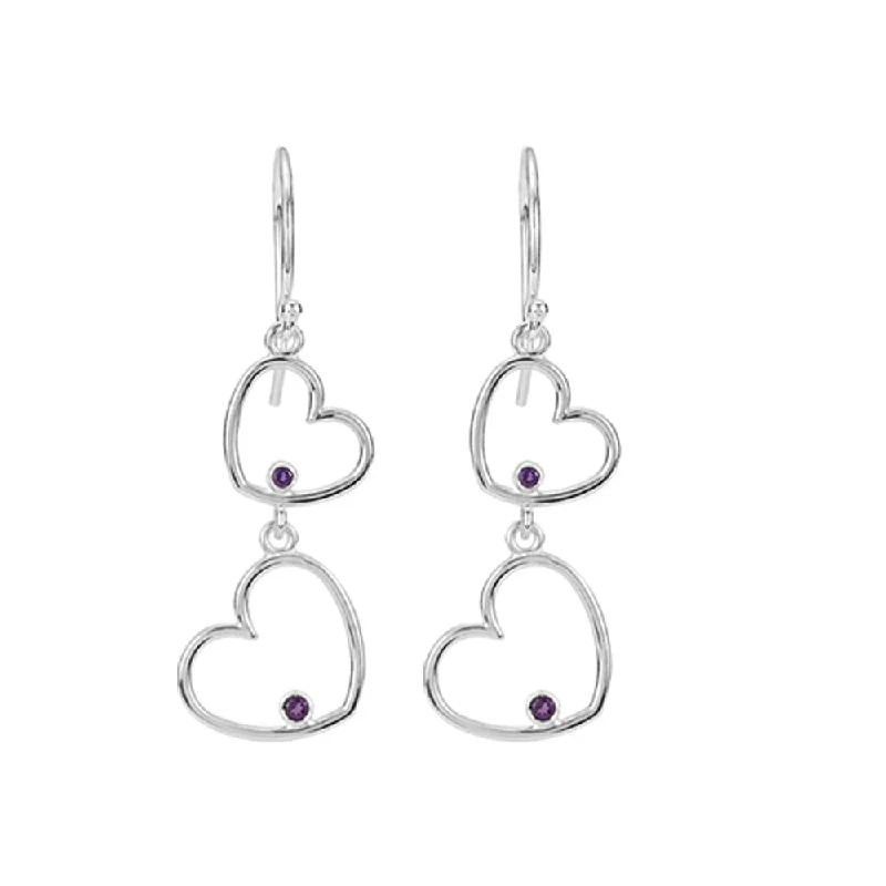 Double Heart Amethyst Dangle Earrings in Sterling Silver