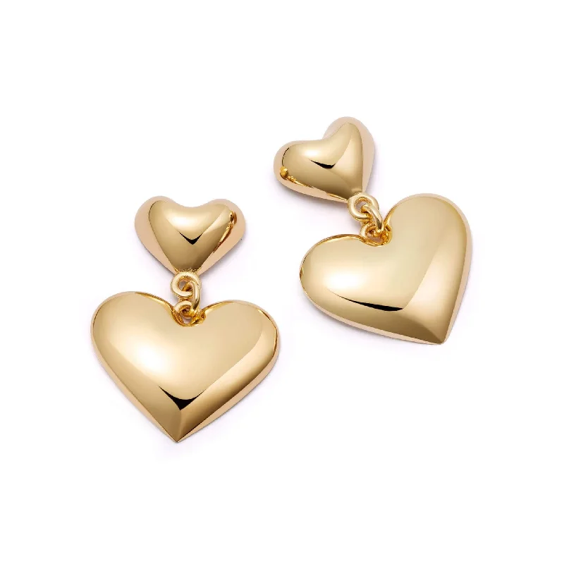 Silver drop earrings with elegant designs for brides looking for timeless jewelry -Double Heart Earrings 18ct Gold Plate