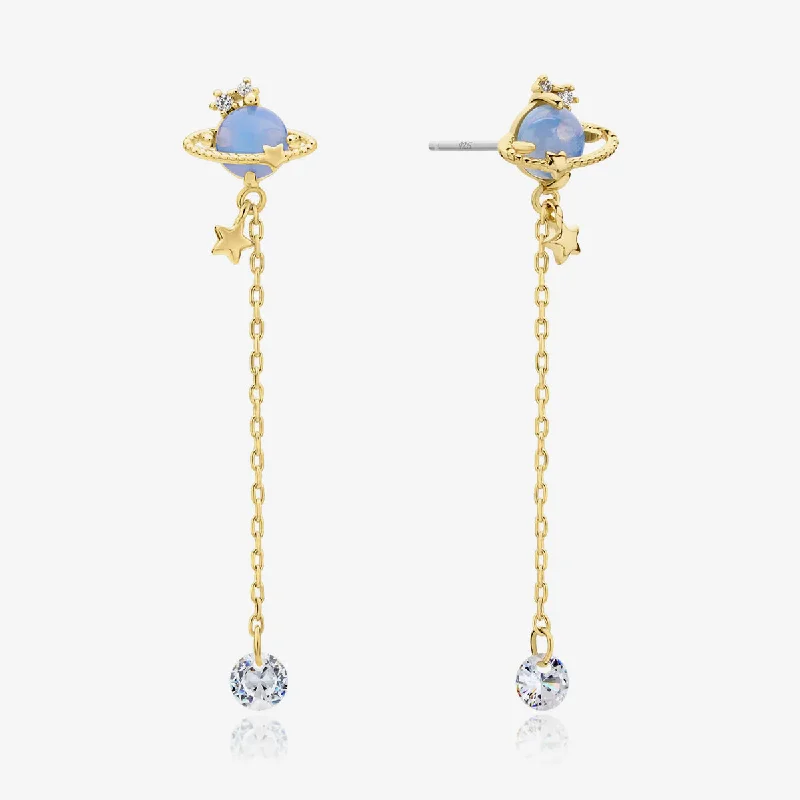 Drop earrings with gold plating and enamel finishes for a vibrant, luxurious look -Moonstone saturn dangle earrings