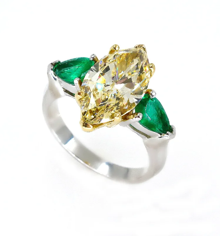 Colorful gemstone rings with vibrant opals shimmered in light-Estate “Canary” 4.86ctw Natural Fancy YELLOW Marquise Diamond & Green Emerald Ring