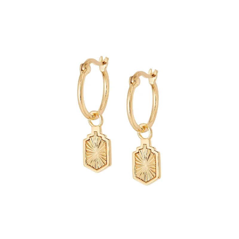 Drop earrings with turquoise stones for a pop of color and flair -Estée Lalonde Sunburst Shield Charm Earrings 18ct Gold Plate