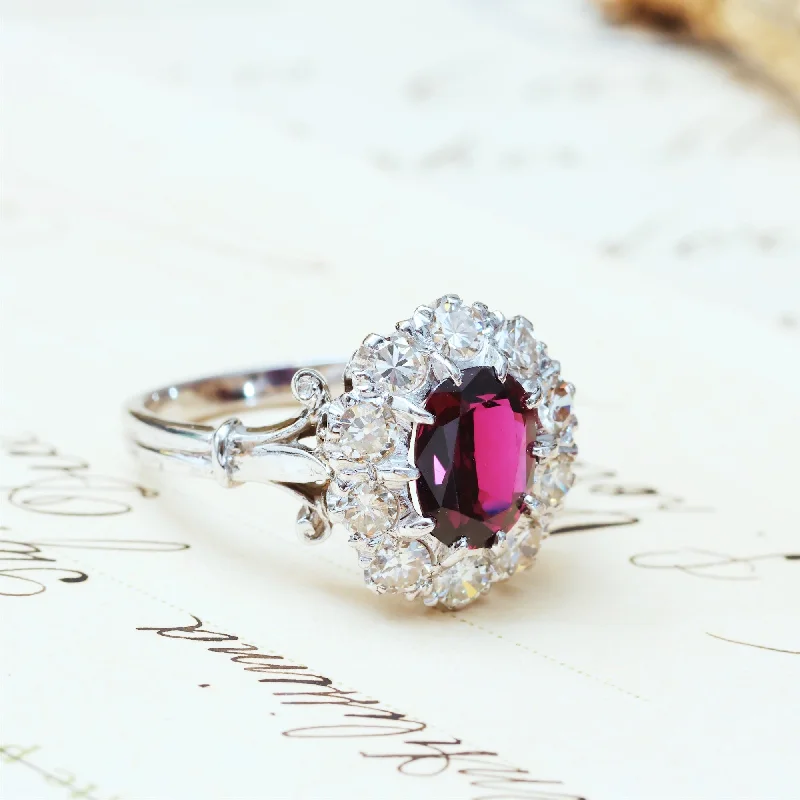 Trendy gemstone rings in modern minimalist styles are popular-Extraordinary Vintage Deep Wine Ruby & Diamond Cluster Ring