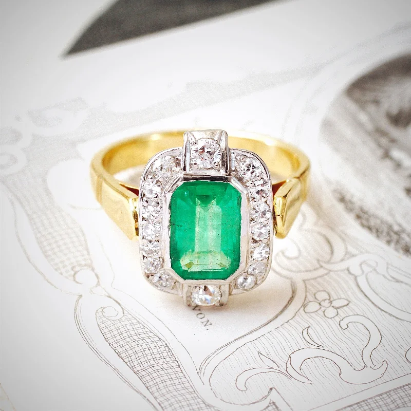 She adored her handcrafted gemstone rings with natural turquoise-Fantastique 1970's Deco Emerald & Diamond Cocktail Ring