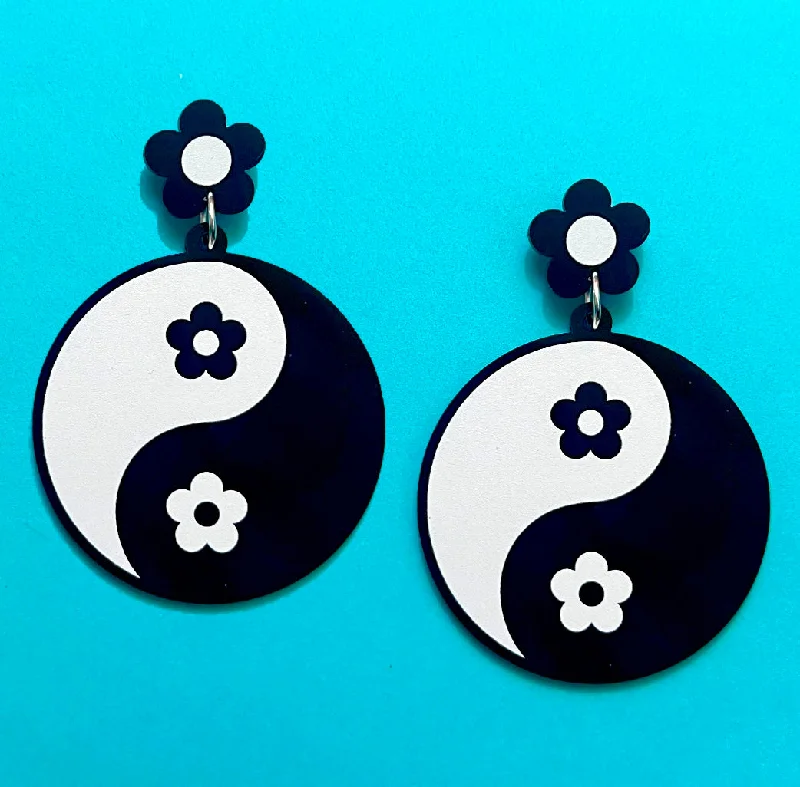 Drop earrings with sterling silver hooks for stylish and durable wear -Flower Power Yin Yang Drop Earrings