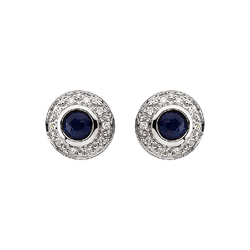 Genuine Sapphire & Diamond Halo Style Post Earrings in 14k White Gold