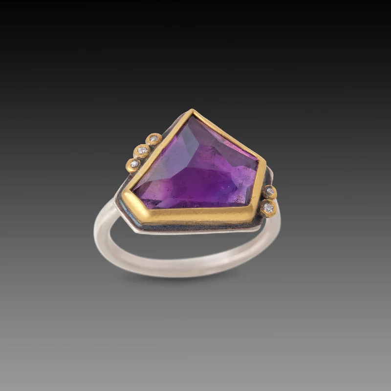 Luxury gemstone rings with diamond halos cost a fortune-Geometric Amethyst Ring with Five Diamonds