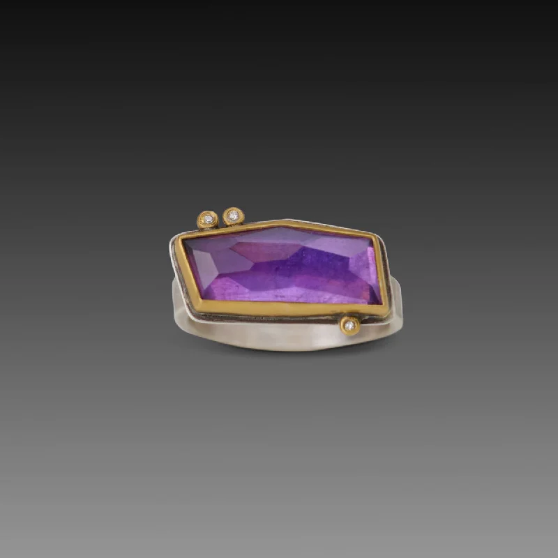 Classic gemstone rings in timeless gold bands never fade-Geometric Amethyst Ring with Three Diamonds