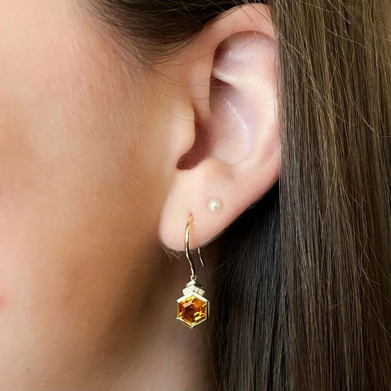 Hexagon Citrine Diamond Dangles