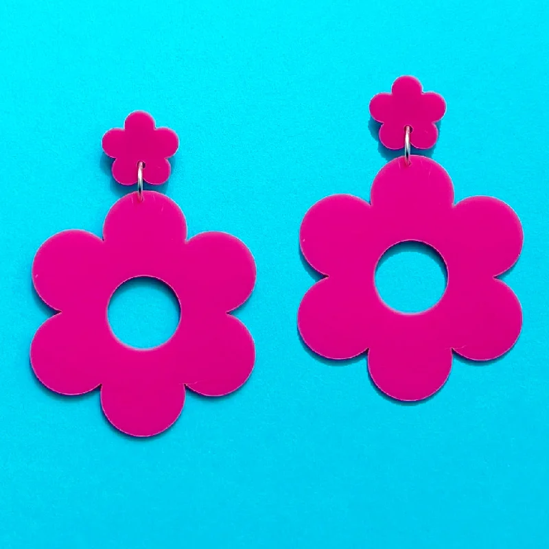 Drop earrings with semi-precious stones for natural beauty and elegant charm -Hot Pink Retro Flower Drop Earrings