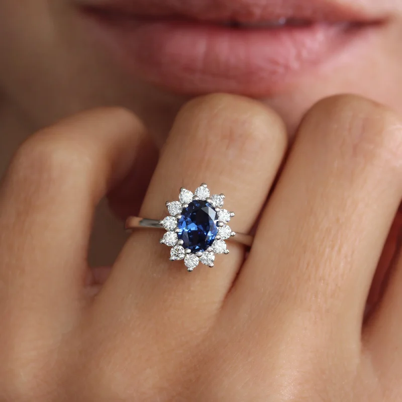 Trendy gemstone rings in modern minimalist styles are popular-Lab Grown Oval Blue Sapphire & Diamonds Engagement Ring Basic