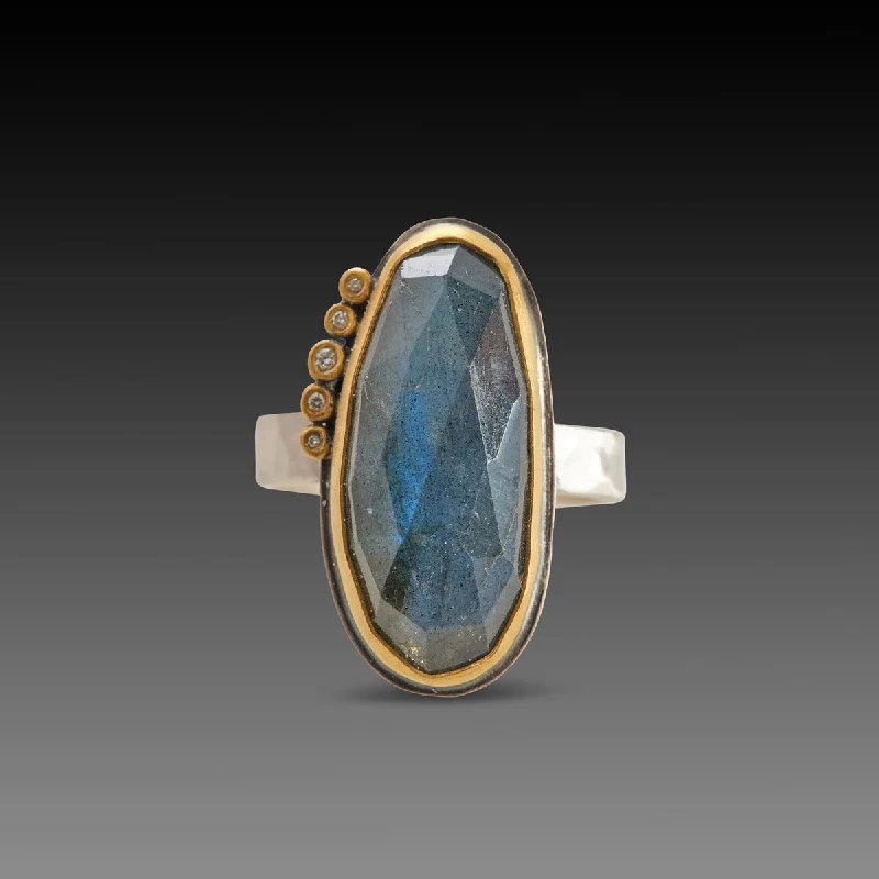 Designer gemstone rings showcased at jewelry expos impressed all-Labradorite Ring with Diamond Line