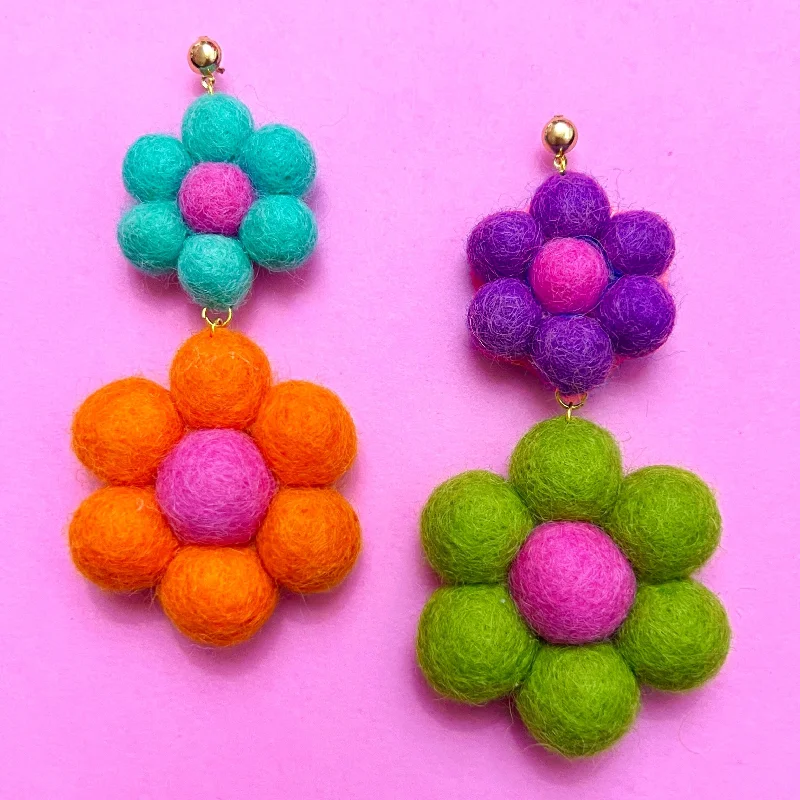 Drop earrings featuring gold or silver hoops for a minimalist, timeless design -Large Multicolor Double Flower Wool Felt Drop Earrings