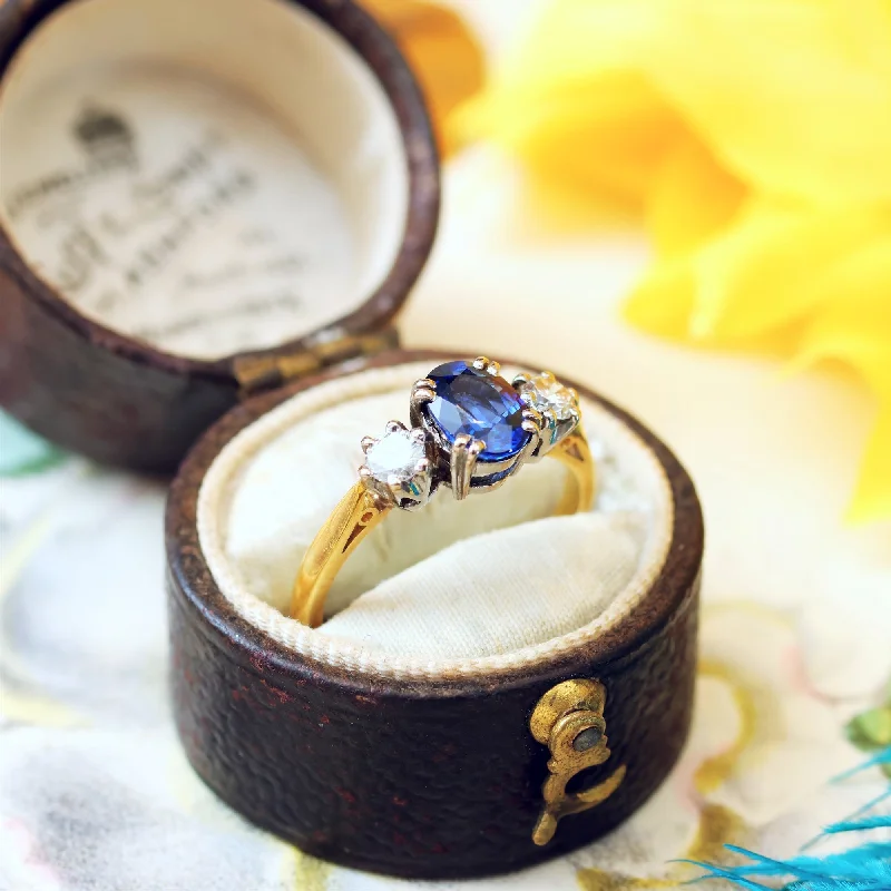 Restored antique gemstone rings regained their original stunning beauty-Magical Vintage Midnight Sapphire & Diamond Trilogy Ring