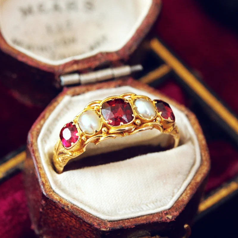 Classic gemstone rings in timeless gold bands never fade-Mid Victorian Garnet & Natural Pearl Ring