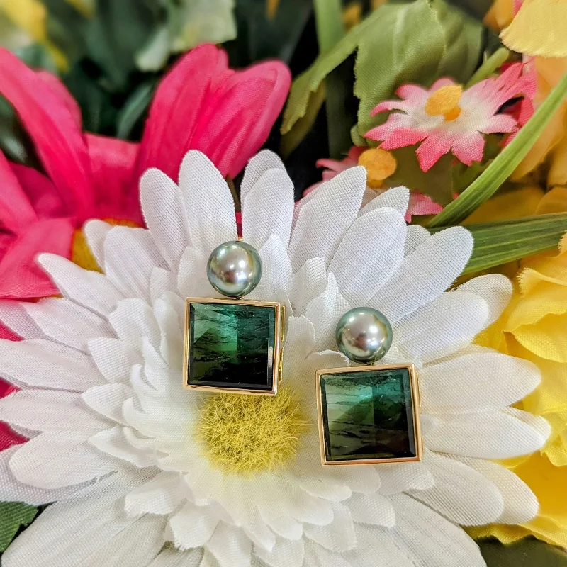 Mirror Cut Tourmaline and Tahitian Pearl Earrings