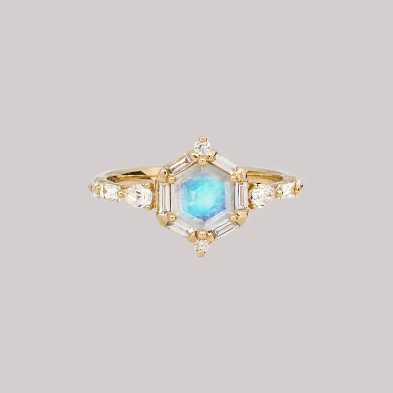 The vintage gemstone rings with rare emeralds gleamed brightly-Nebula Hexagon Moonstone Ring