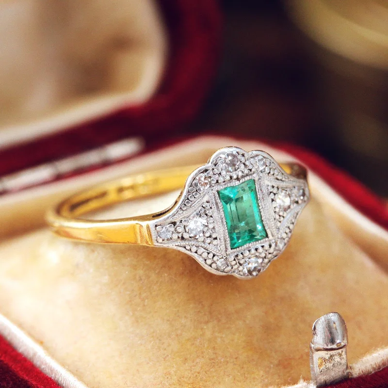 Colorful gemstone rings with vibrant opals shimmered in light-Much Sought After 1920's Emerald & Diamond Ring