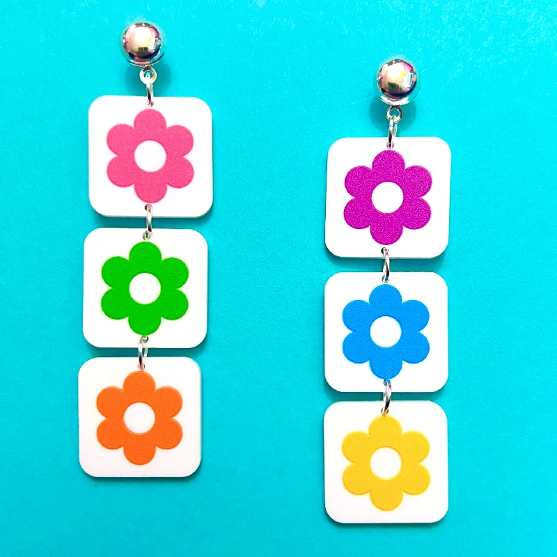 Drop earrings with large stone pendants for dramatic, show-stopping style -Multi Color Retro Flower Square Drop Earrings