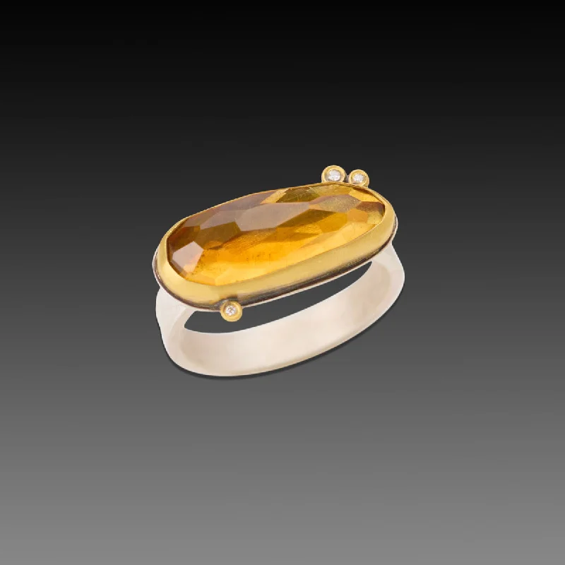 Trendy gemstone rings in modern minimalist styles are popular-Narrow Citrine Ring with Diamond Dots