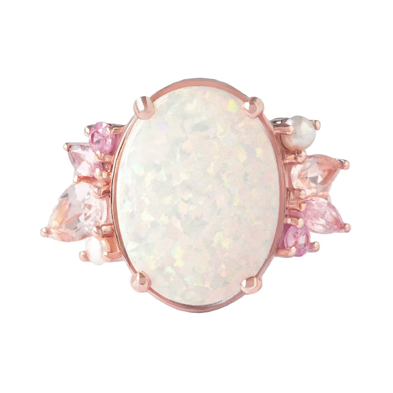 Ethical gemstone rings sourced from sustainable mines gained traction-OOAK White Opal, Pink Gemstones and pearls Engagement Ring ♥