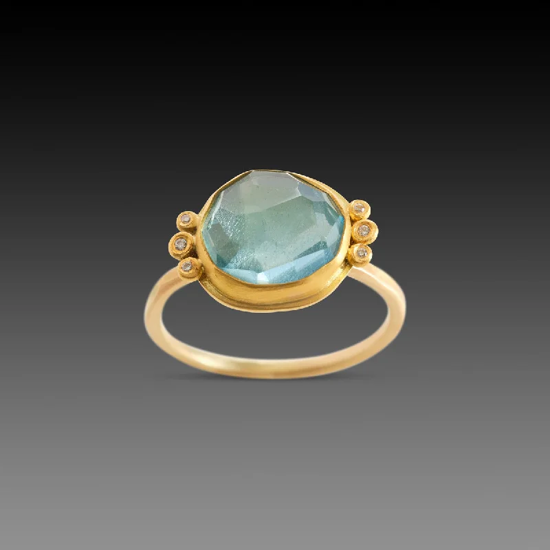 Designer gemstone rings showcased at jewelry expos impressed all-Organic Aquamarine Ring with Diamond Trios