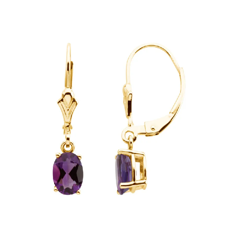 Oval Amethyst Lever Back Earrings in 14k Yellow Gold