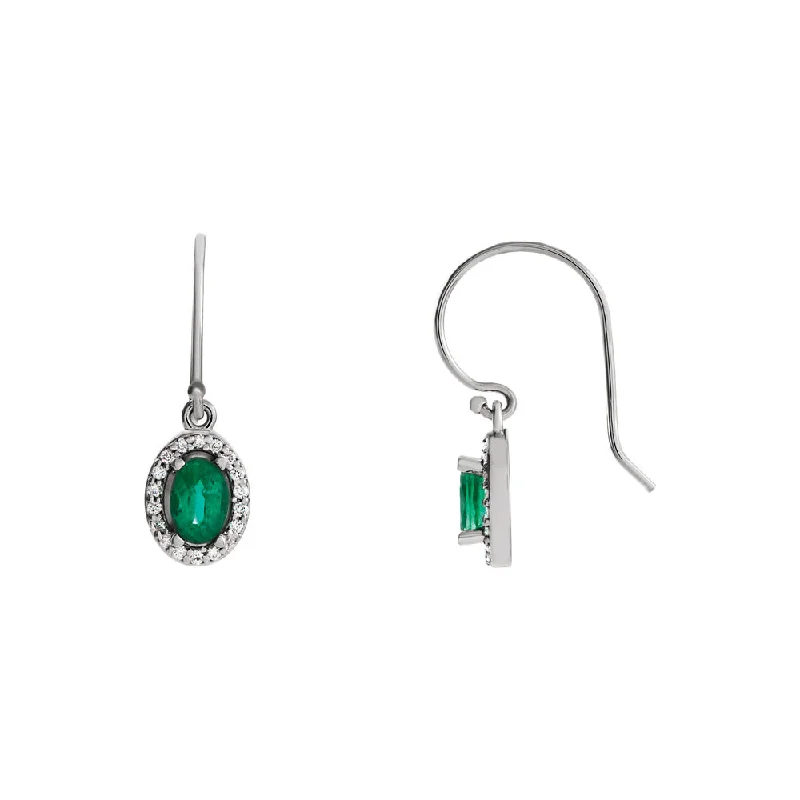 Oval Emerald & Diamond Halo Dangle Earrings in 14k White Gold