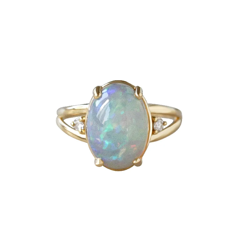 Delicate gemstone rings perfect for stacking adorned her fingers-Oval Opal Cocktail Diamond Ring Yellow Gold October Birthstone